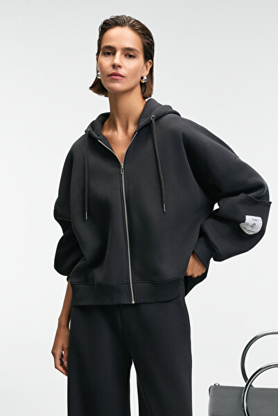 GRIMELANGE Vivienne Women's Metal Zippered Hooded Anthracite Sweatshirt with Ornamental Label and Pocket Detail on the Sleeve