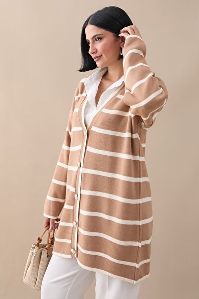 InStyle Casual Striped Camel Knitwear Cardigan