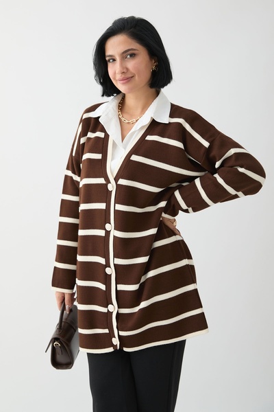 InStyle Casual Striped Bitter Brown Knitwear Cardigan