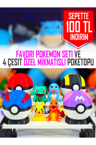 Suelo Butik 4 Çeşit Açılır-Kapanır Poketopu ve Favori Pokemon Charmander,Pikachu,Balbazar,Squirtle Figür Seti