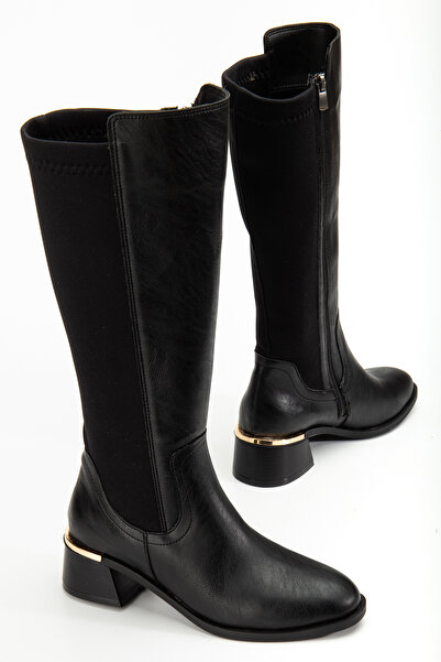 MARSEDO Kadın Diz Altı Fermuarlı Streç Lastikli Günlük Çizme Nora Siyah Cilt