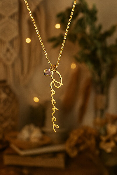 Soleildor Doğum Taşlı Dik İsim Gümüş Kolye