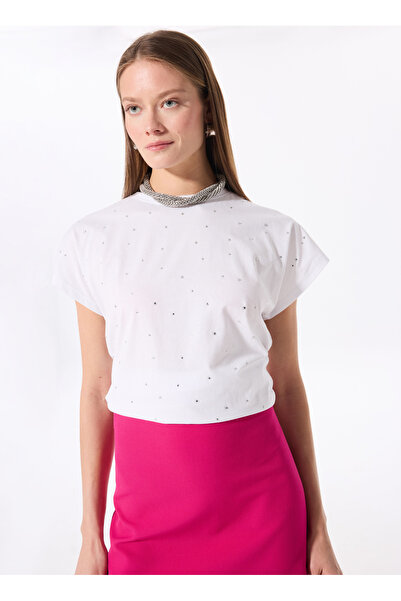 Fabrika Bisiklet Yaka Taşlı Kırık Beyaz Kadın T-Shirt F5SL-TST0178