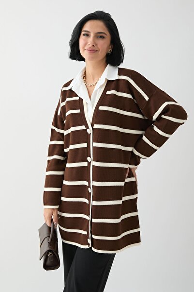 InStyle Casual Striped Bitter Brown Knitwear Cardigan