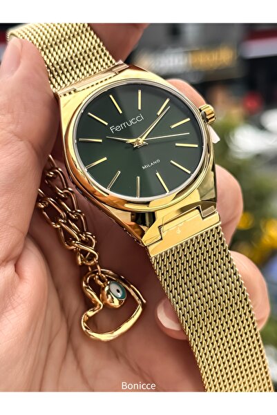 Ferrucci Marka Gümüş Renk Çelik Kordon, Yeşil Kasa Sevgili Çift Kol Saatleri ...
