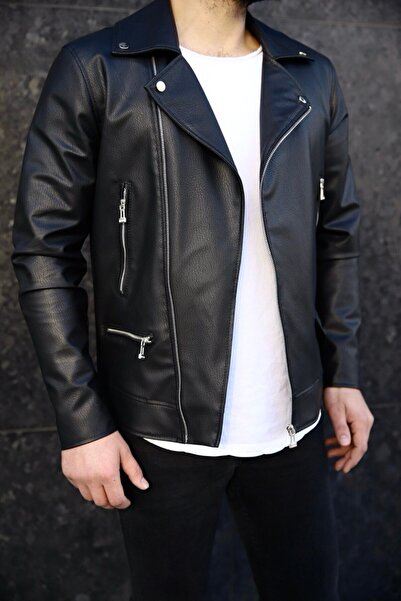 BASEL.CO Ανδρικό δερμάτινο μπουφάν New Season Black Biker