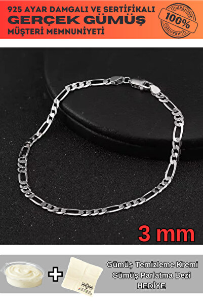OSMANLI GÜMÜŞ 3mm İtalyan Figaro Model Erkek Gümüş Bileklik 925 Ayar Gümüş Künye