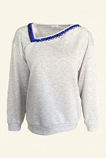 GZ Design Gray Knitted Sweatshirt with Blue Embroidery Detail and Asymmetric Collar