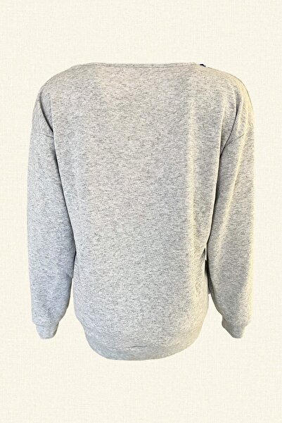 GZ Design Gray Knitted Sweatshirt with Blue Embroidery Detail and Asymmetric Collar