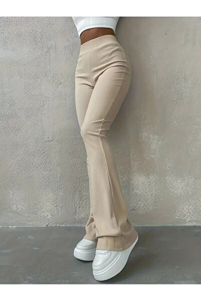 Intisimo Παντελόνι καμπάνα με ρίγες, λύκρα, ριγέ, ΕΝΙΣΧΥΜΕΝΟ, μπεζ - 2XL