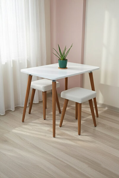 Depolife Ahşap Gürgen Ayaklı 2 Tabureli Mutfak Yemek Masa Takımı 2 Tabure 1 Masa Seti 60x90 Masa Seti