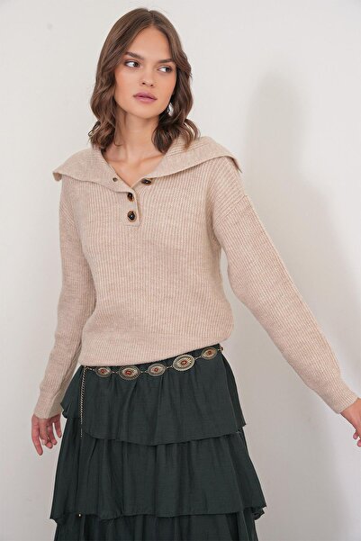 Mixray 6900 Model Beige Women's Knitwear Sweater - Buttoned and Turn-Down Collar