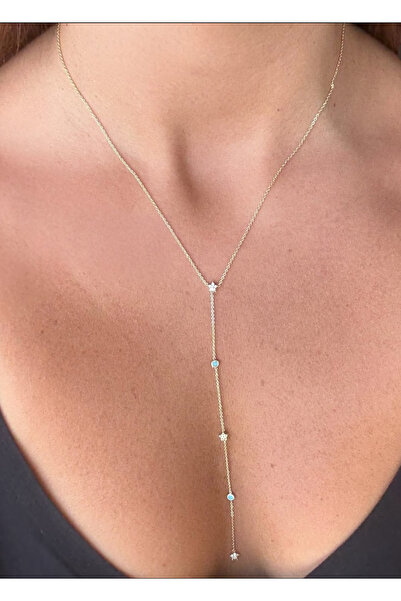 DGK COLLECTİON 14k gold renginde Zarif ve şık Y form dekolte kolyesi.Mavi ve ışıltılı zirkon taşlı trend