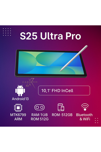 FaroxTech S25 Ultra Pro Tablet – 10.1” FHD Ekran, 16GB RAM, 512GB Hafıza, Kalem Destekli - Yeni Nesil !