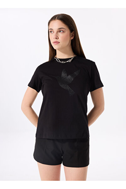 Fabrika Bisiklet Yaka Baskılı Siyah Kadın T-Shirt F5SL-TST0379