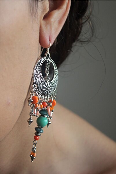 delay art Etnik Otantik Bohem Boncuklu Uzun Sallantılı Gümüş Kaplama Kadın Küpe El Yapımı Takı