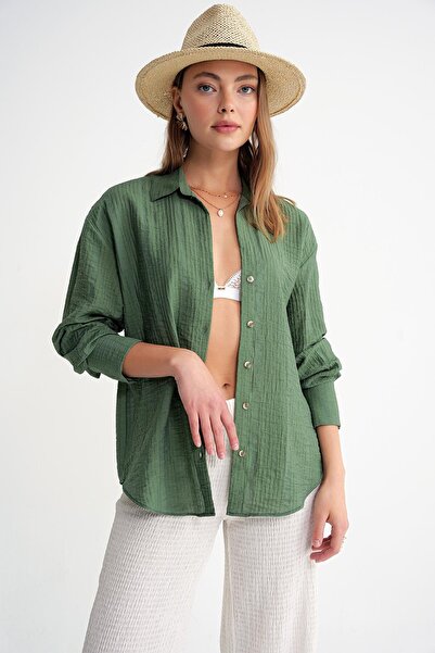 Mixray 4642 Kadın Apoletli Kraşlı Gömlek Haki