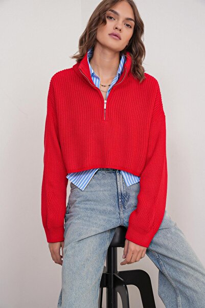 Mixray 6752 Model Red Women's Crop Zippered Sweater