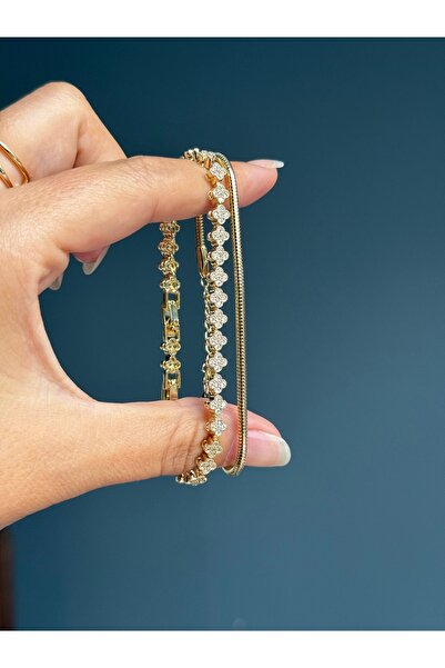 DGK COLLECTİON 14K gold renk,yonca ve yılan zincir 2li set bileklik 🍀