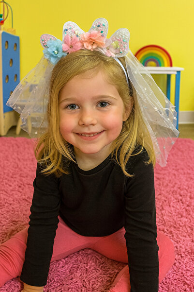 TAKIŞTIR Бяла корона с тюл с цветен мотив