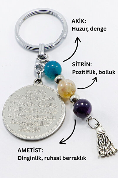 biuti سلسلة مفاتيح فولاذية مزدوجة الجوانب بآية الكرسي وآية العين الشريرة، حجر...