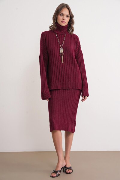 Mixray 6928 Pulover de damă cu nervuri - Gât roșu, roșu claret