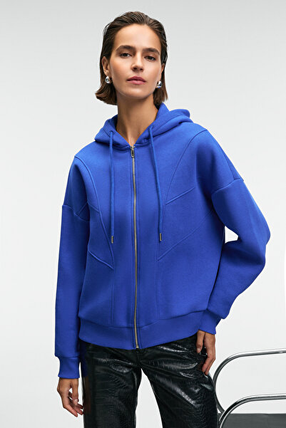 GRIMELANGE VYSELLE Kadın Önü Kesikli Metal Fermuarlı Kapüşonlu Etiket Detaylı Oversize Mavi Sweatshirt