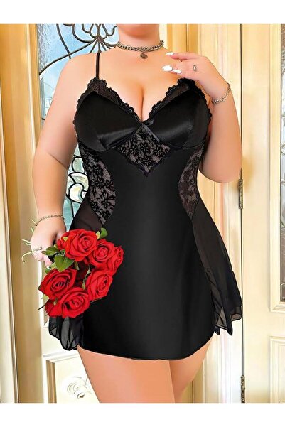 CHI'LA Collection Plus Size Black Lace Embroidered Thin Strap Satin Nightgown