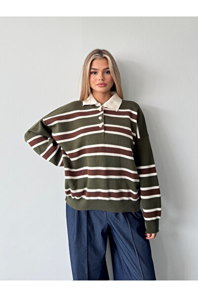 BEJNA Women's Khaki Polo Neck Striped Knitwear Sweater