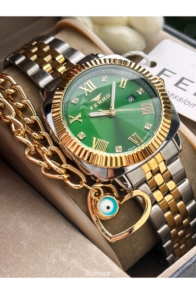 FERRO In a Stylish Box, Yellow Green, Steel Band, Vip Series Women's Wristwatch with Bracelet Gift
