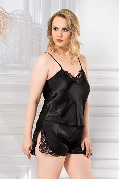CHI'LA Collection Set de pantaloni scurți Babydoll din satin negru de mărime ...