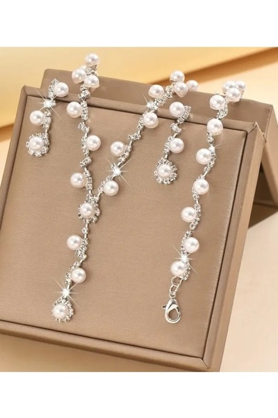 BirYıldızOl İnci Takı Seti Gümüş Zirkon Taşlı Abiye Set