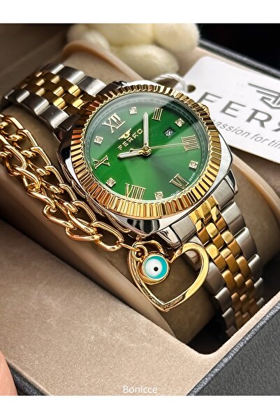 FERRO In a Stylish Box, Yellow Green, Steel Band, Vip Series Women's Wristwatch with Bracelet Gift