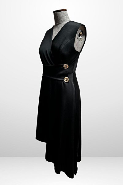 By Saygı Women's Double Breasted Collar Button Detailed Asymmetrical Plus Size Crepe Satin Dress