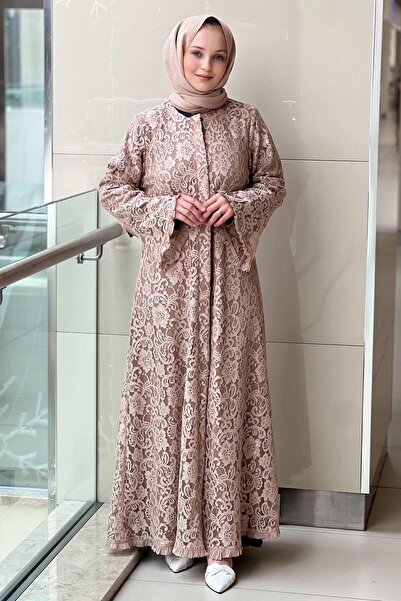 GİZAY Guipure Ferace with Ruffled Sleeves and Hem