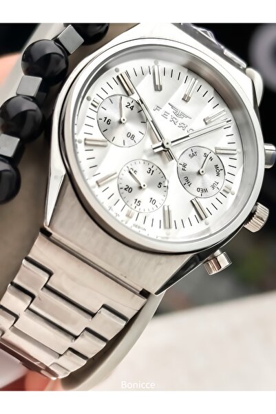 FERRO ساعة رجالية بسوار ستيل، لون فضي - أبيض، مع سوار هدية