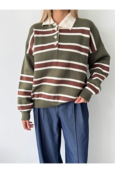 BEJNA Women's Khaki Polo Neck Striped Knitwear Sweater