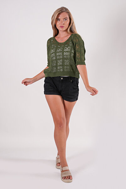 Wearified Triko Bluz Yazlık Kazak Dantel Ajurlu Etnik Desenli Yarasa Kollu Kayık Yaka Pareo Kadın Bluz