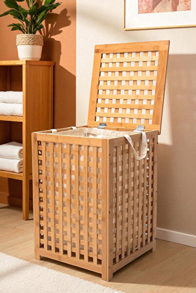 Digithome Bambu Çamaşır Sepeti 58x40 cm Kulplu Taşınabilir Bezli DB-0042