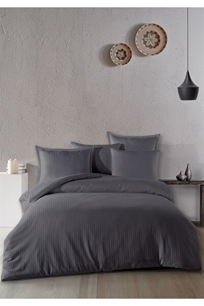Evim 100% Cotton Satin Vertical Line Flounced Double Duvet Cover Set Dark Gray 200X220 cm