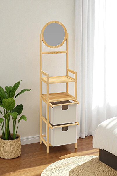 Digithome Bambu Aynalı 2 Çekmeceli Banyo Düzenleyici 2 Raflı Şifonyer Makyaj Organizeri DB-0035