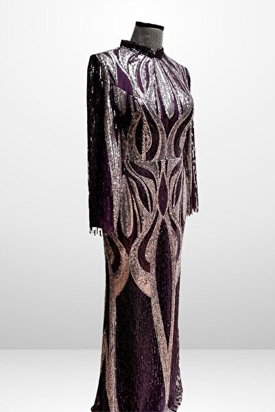 By Saygı Women's Stand Collar Sequin Embroidered Lined Plus Size Long Dress