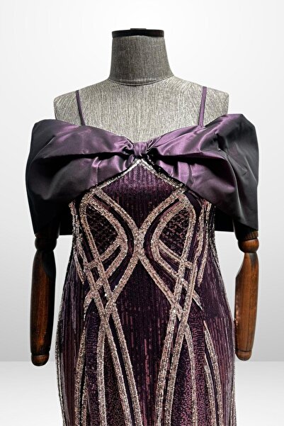 By Saygı Women's Thin Strap Satin Bow Boat Neck Sequin Embroidered Lined Plus Size Midi Dress