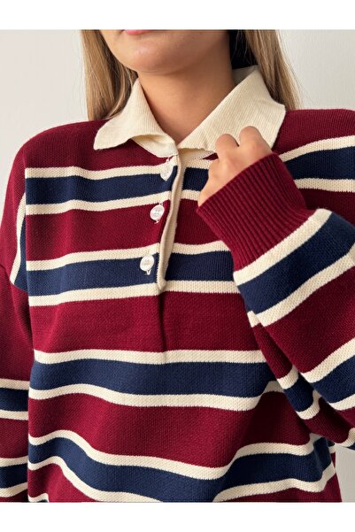 BEJNA Women's Burgundy Polo Neck Striped Knit Sweater