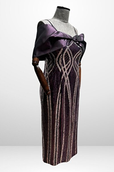 By Saygı Rochie midi de damă, cu bretele subțiri, cu fundă din satin, cu decolteu barcă, cu căptușeală brodata, mărime mare