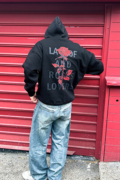 Sekizbiraltı Hanorac negru oversize unisex cu imprimeu Roses Lovers