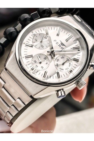 FERRO ساعة رجالية بسوار ستيل، لون فضي - أبيض، مع سوار هدية