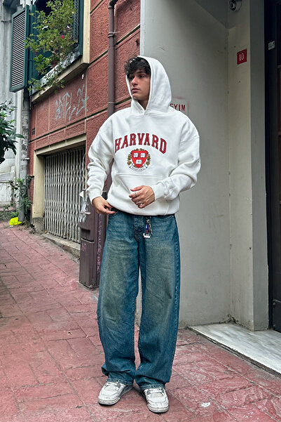 Sekizbiraltı Harvard Baskılı Oversize Unisex Beyaz Hoodie