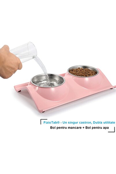 FizioTab Castron Hranire cu 2 Boluri Inox, FizioTab® – Pentru Caini de Talie Mica si Pisicute, Roz