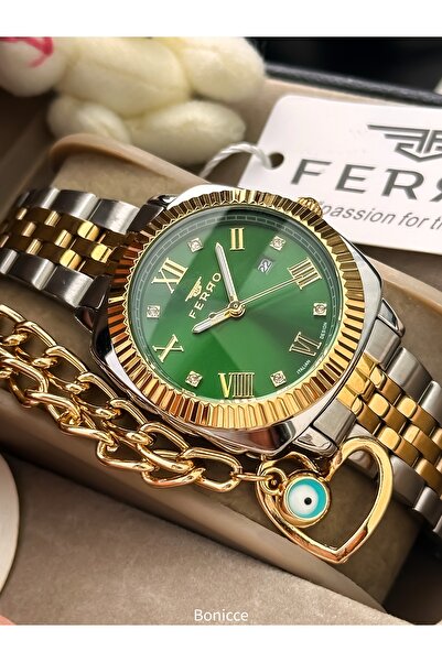 FERRO In a Stylish Box, Yellow Green, Steel Band, Vip Series Women's Wristwatch with Bracelet Gift